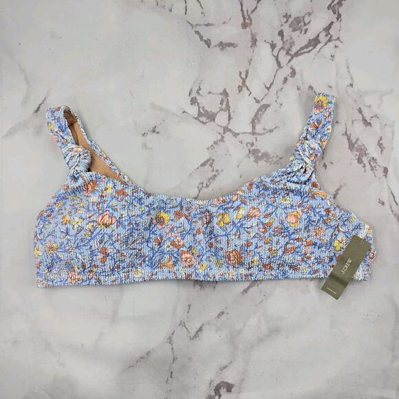 J Crew Swim Top 2X Blue Floral Scrunchie Strap Knotted Scoop Neck Bikini Padded - Picture 1 of 9